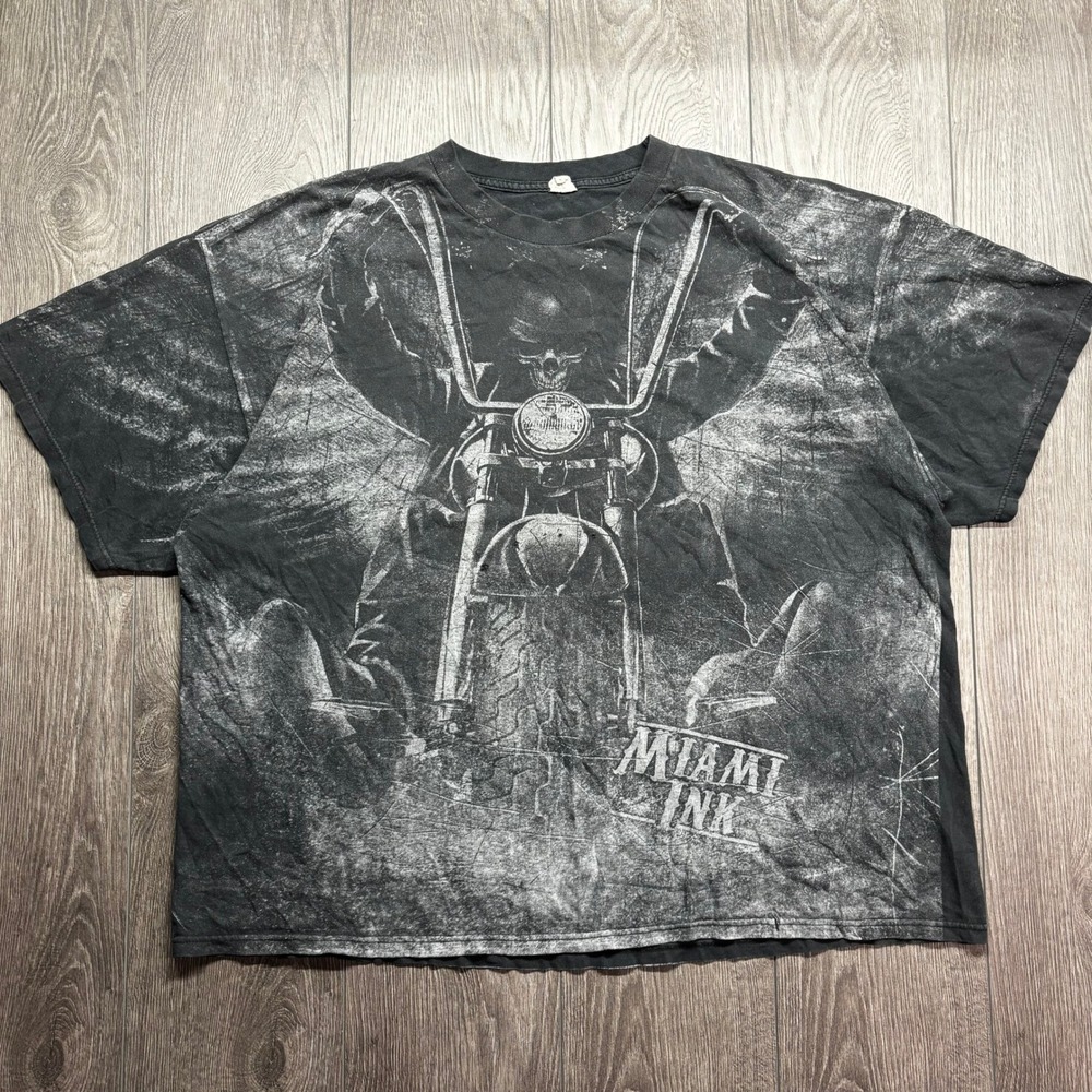 Miami Ink Motorcycle Skull Graphic T-Shirt Mens 3XL Black Y2K Biker Tee